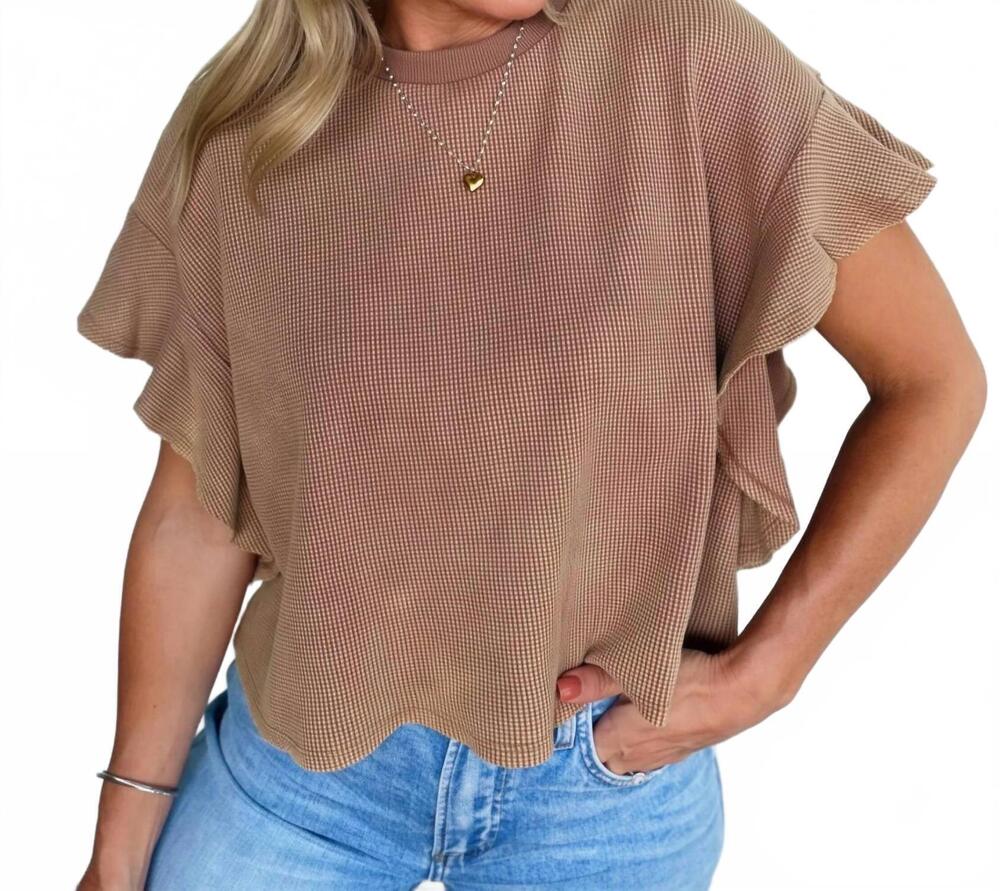 NEW EE:SOME women's waffle knit tiered flutter sleeve crop top in coco